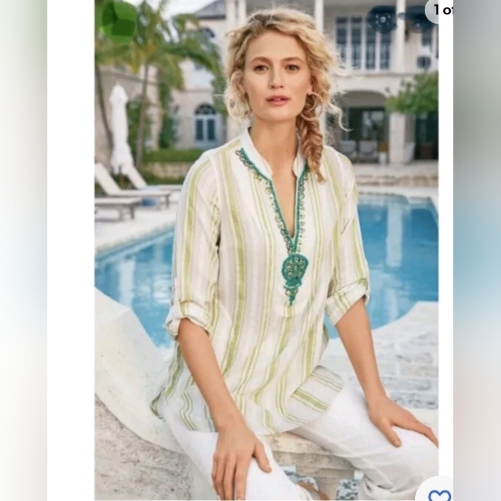 Soft Surroundings Tunic Top L Elisha Beaded Sequin Striped Gauzy Pocket Coastal